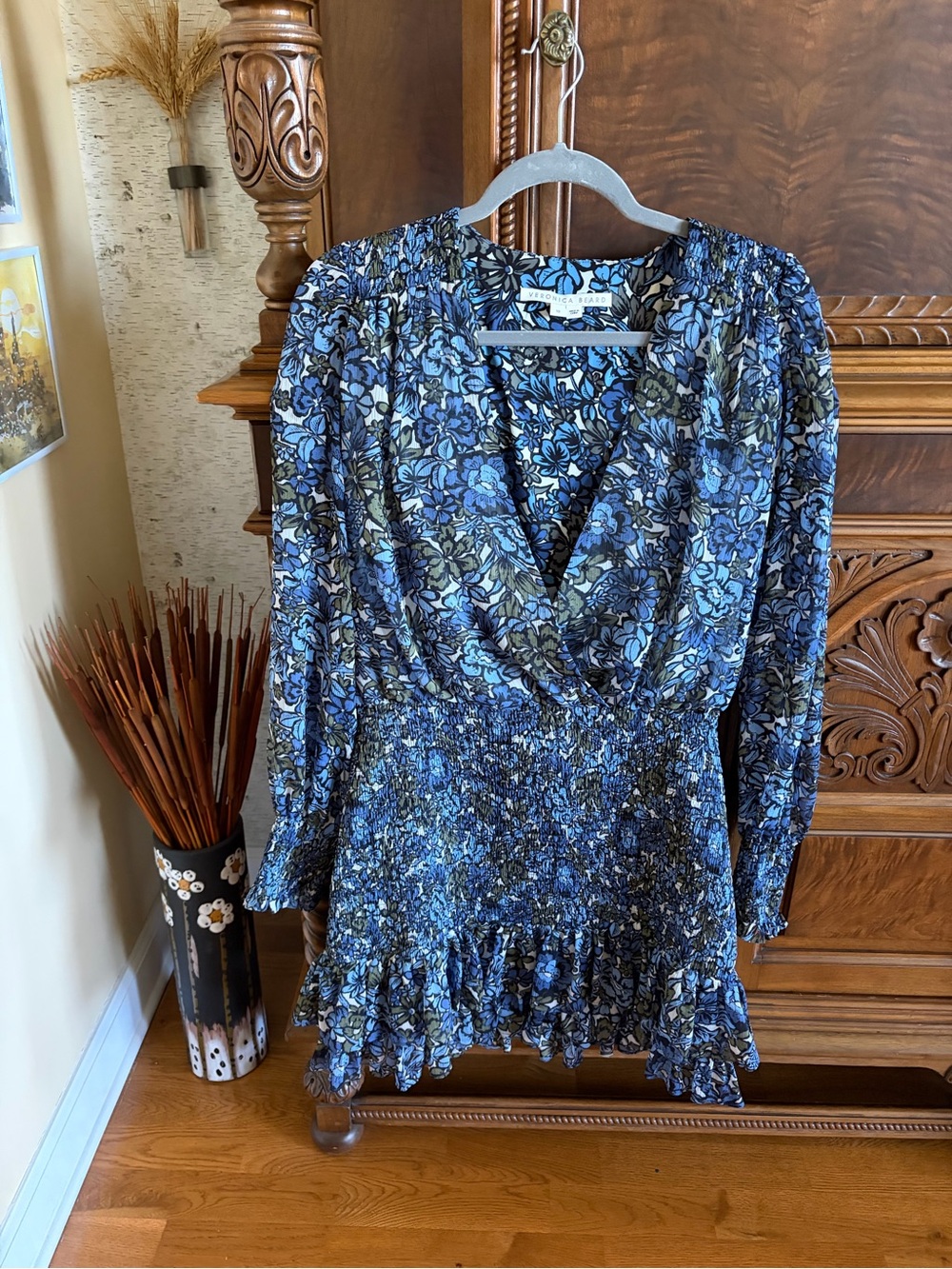Veronica Beard Blue Floral Long-Sleeve Smocked Waist Mini Dress -